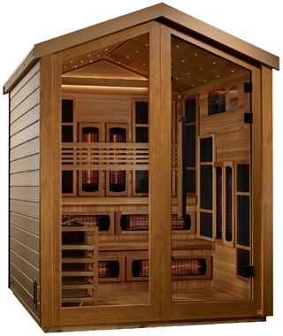 Golden Designs GDI-8526-01 Kaskinen 6 Person Hybrid (PureTech Full Spectrum IR or Traditional Stove) Outdoor Sauna - Canadian Red Cedar Interior | Image