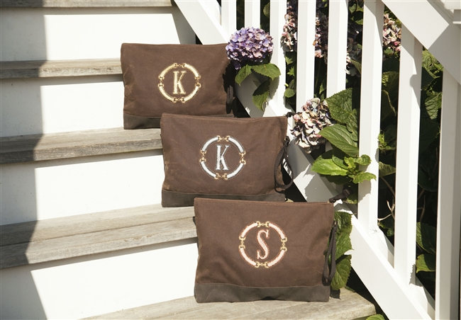 Rustic Waxed Canvas Clutch featuring a Vintage Metallic Medallion with an Initial in Rose Gold, Gold or Silver.