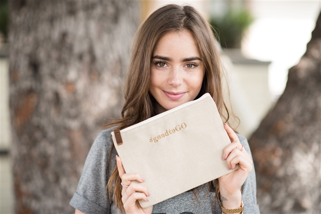 Lily Collins' Gratitude Pouch inspired and designed by the Foster Youth of Stepping Forward Los Angeles