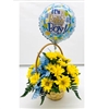Baby Boy Yellow Daisy Basket with bow and balloon