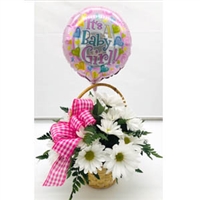 Baby Girl White Daisy Basket with bow and balloon