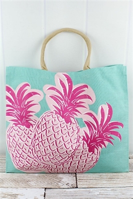 Aruba Blue and Pink Pineapple Jute Carryall Bag