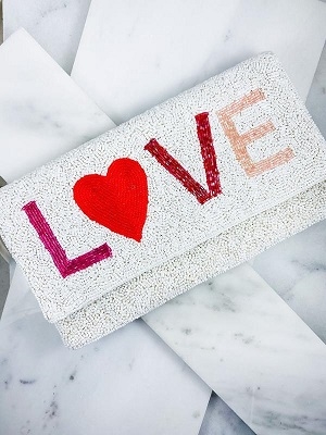 LOVE Beaded Clutch/Crossbody - White