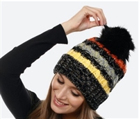 Fuzzy Lined Multicolor Chunky Knit Pom Beanie