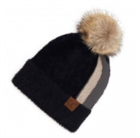 C.C. Two Stripe Fur Knit Pom Beanie - Black