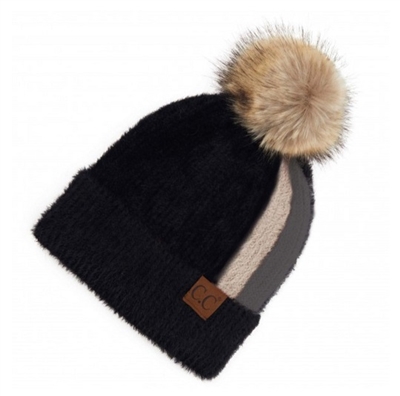 C.C. Two Stripe Fur Knit Pom Beanie - Black
