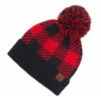 C.C. Buffalo Check Jacquard Knit Pom Beanie - red and black