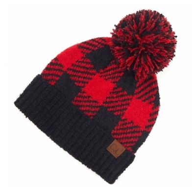 C.C. Buffalo Check Jacquard Knit Pom Beanie - red and black