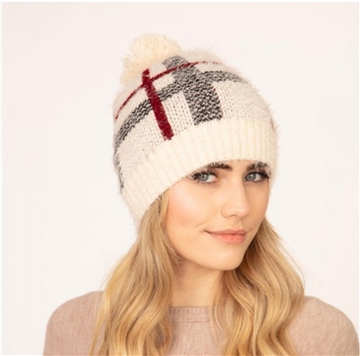 Ivoryy Plaid Beanie with Pom