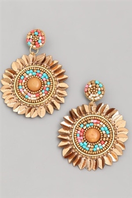 Beaded Circle Leaf Drop Earrings - Multi