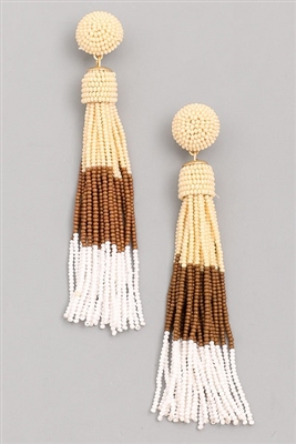 Seed Beaded Tassel Dangle Earrings - White