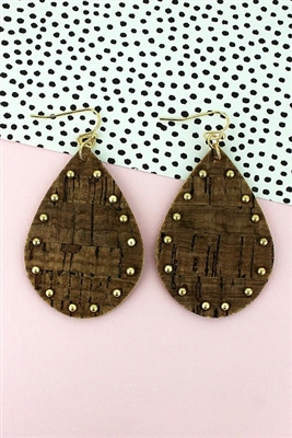 Goldtone Studded Brown Cork Teardrop Earrings