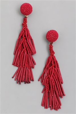 Seed Beaded Fringe Earrings - Red