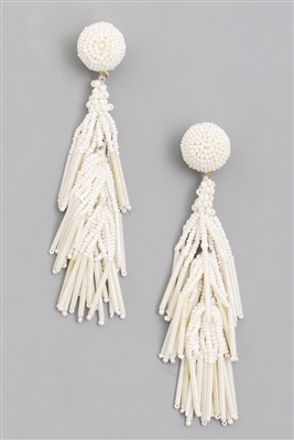 Seed Beaded Fringe Earrings - White