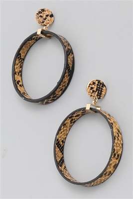 Snake Print Hoop Drop Earrings - BROWN