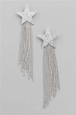 Rhinestone Star Chain Fringe Earrings - Silver