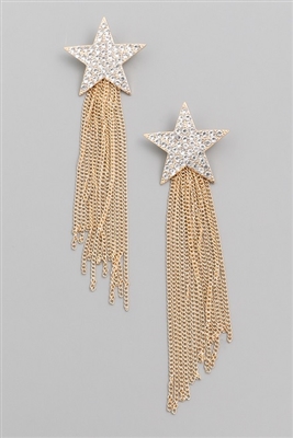 Rhinestone Star Chain Fringe Earrings - Gold