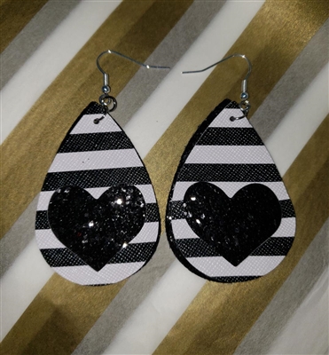 Black shimmer faux Leather striped double layered double sided heart earrings