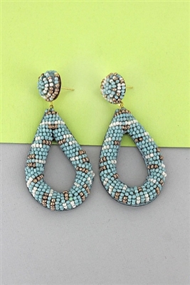 Blue Seed Bead Open Teardrop Earrings