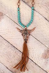 Iridescent Crystal Burnished Coppertone Steer Head Tassel Necklace