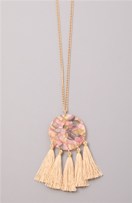 Stained Glass Tassel Charm Necklace - Natural