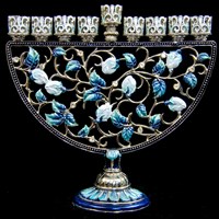 1014- Menorah, jeweled, blues, 7"