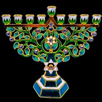 G-1022: Menorah, jeweled, Etz Chaim Green