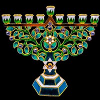 1022- Menorah, jeweled, Etz Chaim Green