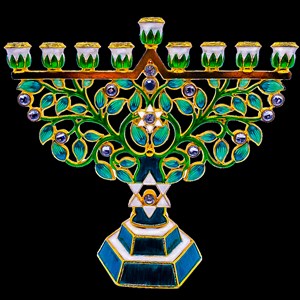 1022- Menorah, jeweled, Etz Chaim Green