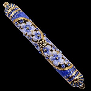 1203- Mezuzah Case,Golden Blue Flower,large