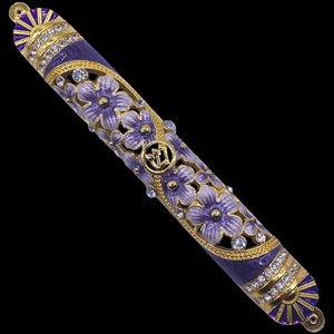 1205- Mezuzah Case, 7" Golden Flower, large Purple