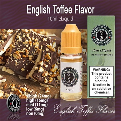 10ml bottle of English Toffee flavored e-liquid from LogicSmoke, available in 5 nicotine levels. Perfect for vapers looking for a sweet and creamy flavor without the sticky mess of actual toffee candy.