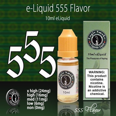 10ml bottle of 555 flavored e-liquid from LogicSmoke, available in 5 nicotine levels. Perfect for vapers looking for a classic and satisfying tobacco flavor.