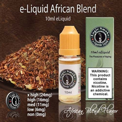 10ml bottle of Africa Blend flavored e-liquid from LogicSmoke, available in 5 nicotine levels. Perfect for vapers who love robust, earthy flavors.