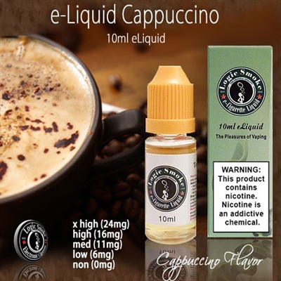10ml bottle of cappuccino flavored e-liquid from LogicSmoke, available in 5 nicotine levels. Perfect for vapers who love the rich and creamy taste of cappuccino.