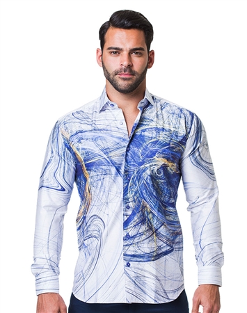 Fashionable White Blue Swirl DressShirt