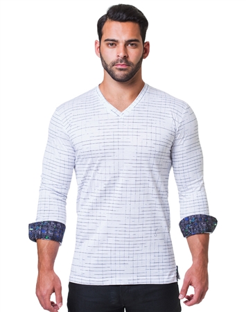 White Navy Dashed Check V-Neck Shirt