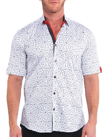 Maceoo Designer Short Sleeve Dress Shirt White Geometric Pattern