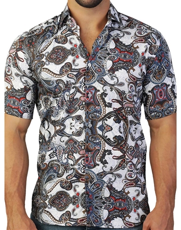 Multi-Colored Paisley Print Short Sleeve Woven