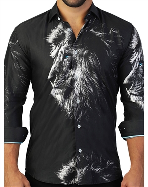 Black White Lion Print Dress Shirt