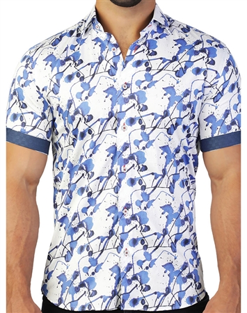 White And Blue Paint Splash Print Dress Shirt