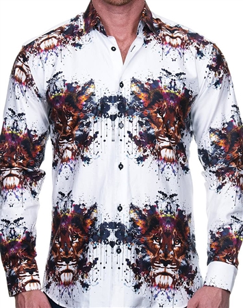 Outstanding White Lion Print Dress Shirt