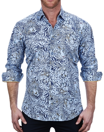 Elegant Blue Tiger Print Dress Shirt