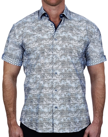 Maceoo Designer Short Sleeve Dress Shirt Blue Zig Zag Pattern