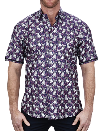 Fashionable Dog and Bone Print Short Sleeve Dress Shirt