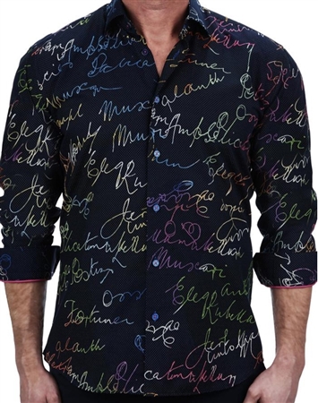 Elegant RAINBOW SCRIBLE BLACK Dress Shirt