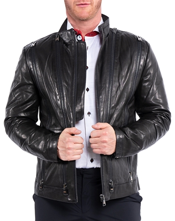 Maceoo Designer Multi Zipper 100% Lamb Skin Leather Jacket Black Solid