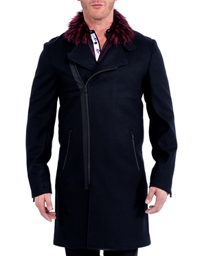 Maceoo Designer Zip Front Burgundy Fur Collar Peacoat Solid Black