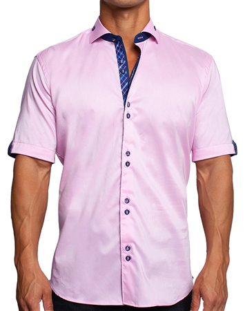 Maceoo Designer Casual Short Sleeve Dress Shirt Pink Solid