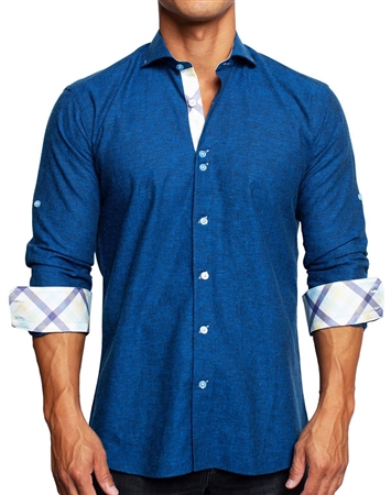 Maceoo Designer Long Sleeve Dress Shirt Blue Solid